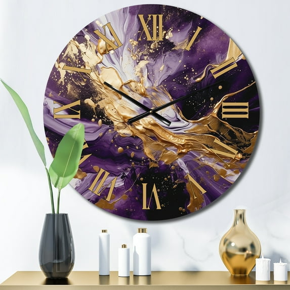 Designart "Liquid Magic in Purple and Gold III" Abstract Oversized Wall Clock