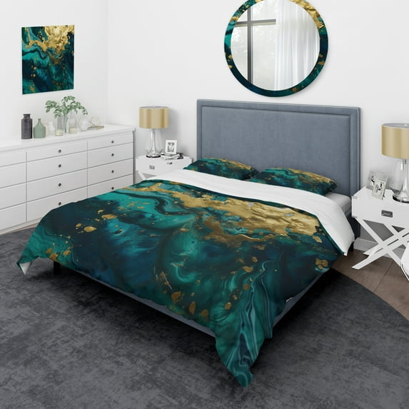 Designart "Liquid Magic in Teal and Gold I" Abstract Bedding Covert Set - Modern Teal Transitional Bed Set With 1 Sham