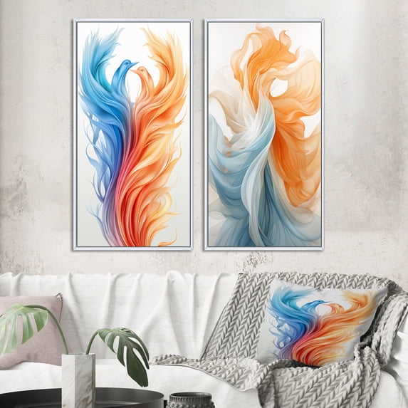 Designart "Liquid Purity Ink Wave Abstract Birds in Red and Blue" Abstract Liquid Ink Framed Wall Art Set Of 2 - Modern Blue Framed Canvas Set For Living Room Decor