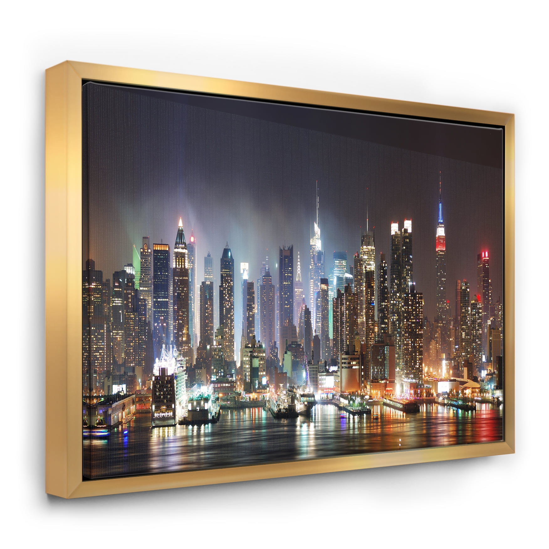 Designart ' Lit NYC Manhattan Skyline ' Cityscape Photo Framed Canvas Print