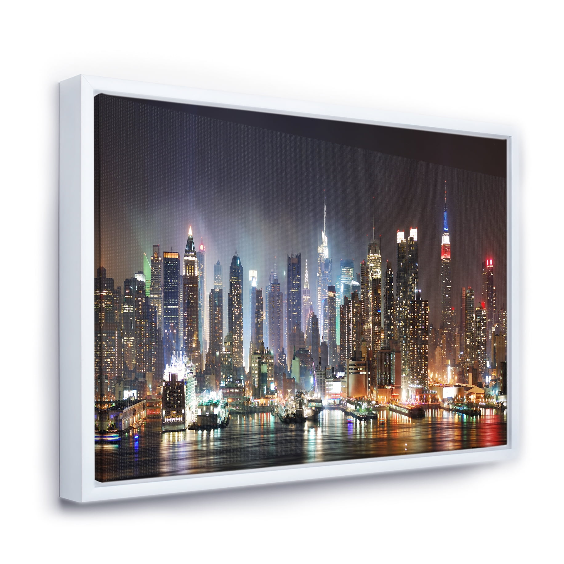 Designart ' Lit NYC Manhattan Skyline ' Cityscape Photo Framed Canvas Print