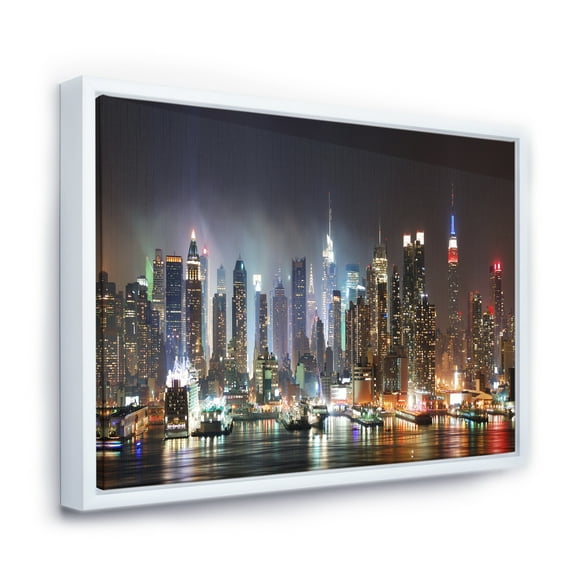 Designart ' Lit NYC Manhattan Skyline ' Cityscape Photo Framed Canvas Print