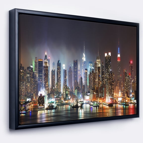 Designart ' Lit NYC Manhattan Skyline ' Cityscape Photo Framed Canvas Print