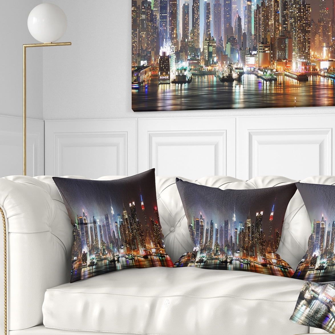 Designart Lit NYC Manhattan Skyline - Cityscape Photo Throw Pillow - 18x18