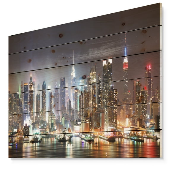 Designart 'Lit NYC Manhattan Skyline ' Cityscape Print on Natural Pine Wood