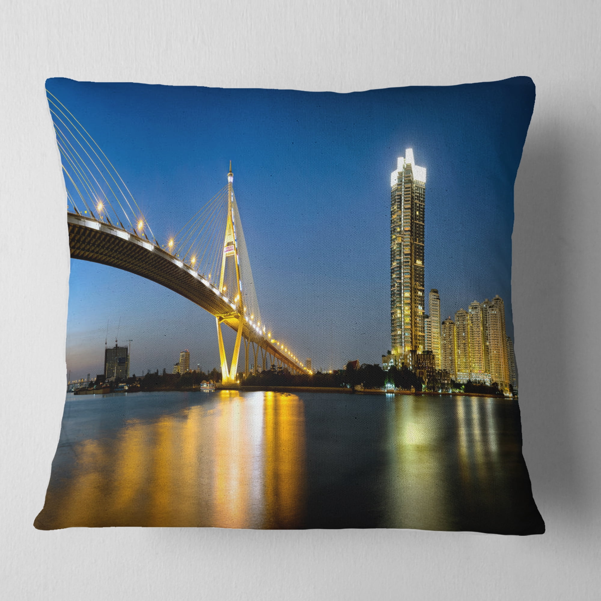 Designart Lit up Bhumibol Bridge at Dusk - Cityscape Throw Pillow - 16x16