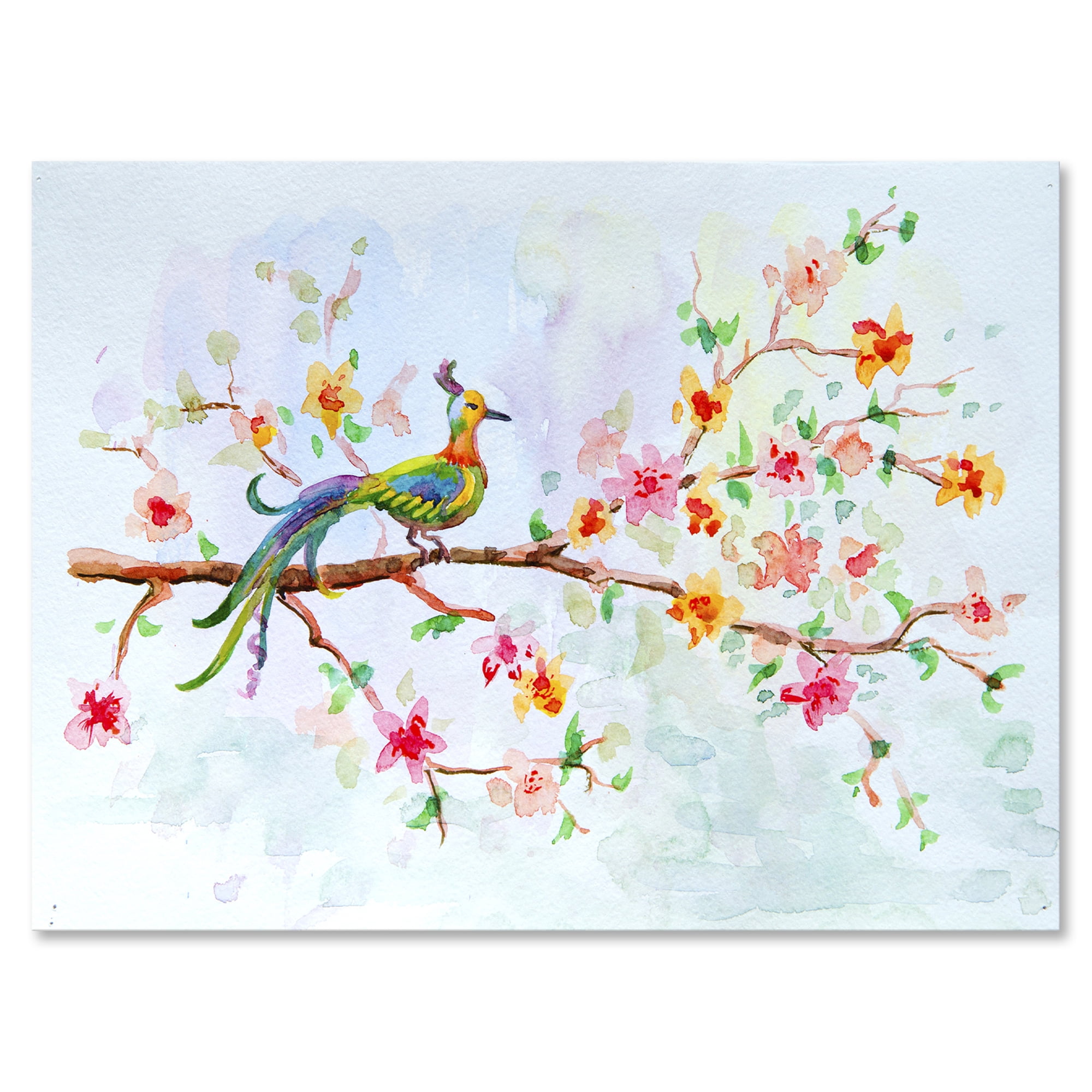 Designart ' Little Bird Sitting On Blooming Branch ' Traditional Canvas Wall Art Print