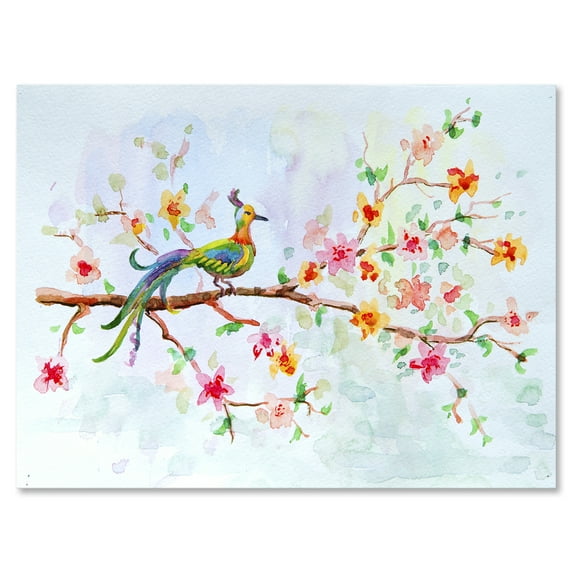 Designart ' Little Bird Sitting On Blooming Branch ' Traditional Canvas Wall Art Print