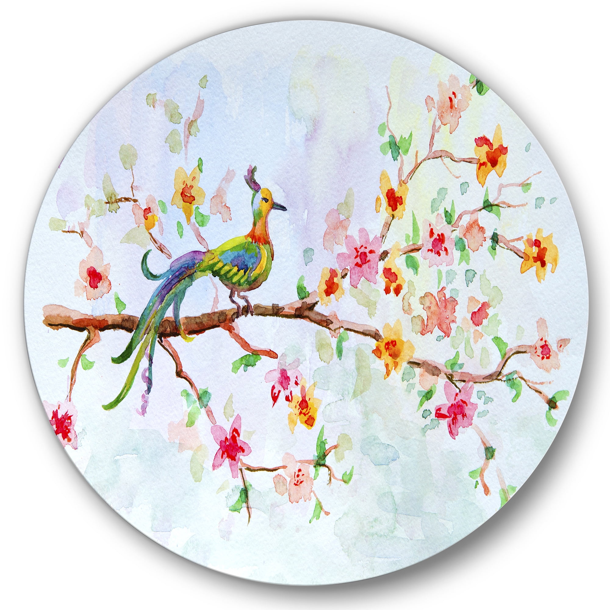 Designart 'Little Bird Sitting On Blooming Branch' Traditional Circle Metal Wall Art 36x36 - Disc of 36