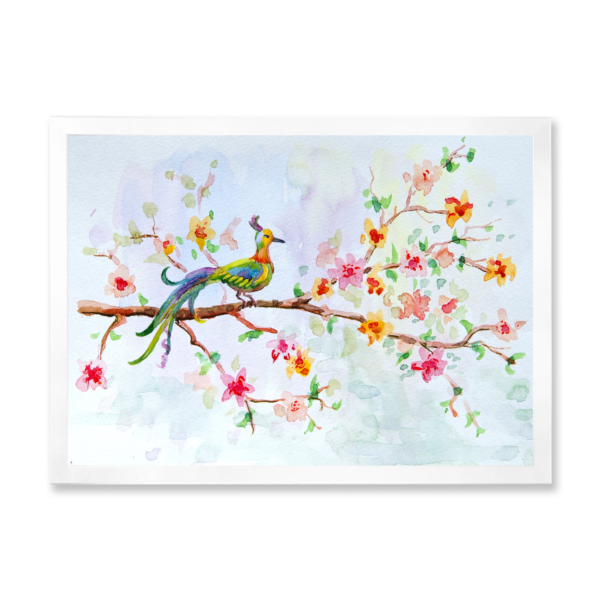 Designart 'Little Bird Sitting On Blooming Branch' Traditional Framed Art Print
