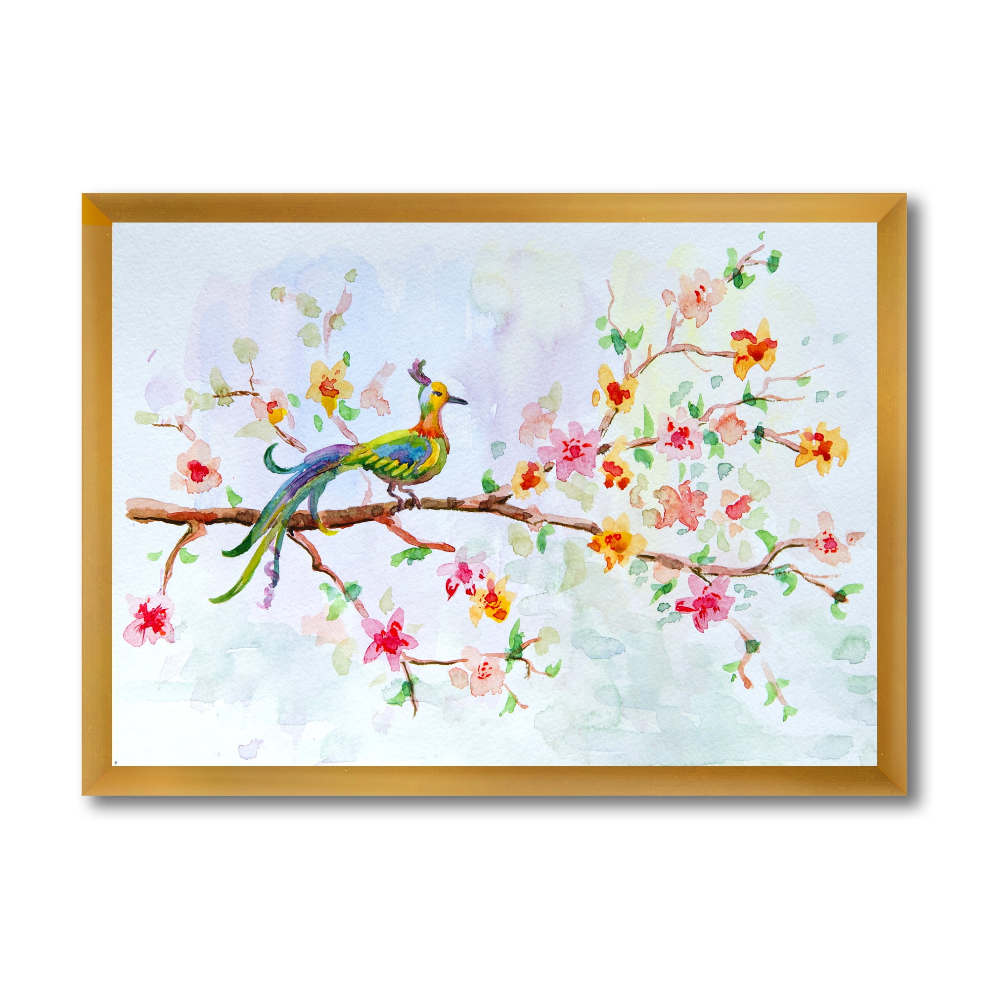 Designart 'Little Bird Sitting On Blooming Branch' Traditional Framed Art Print