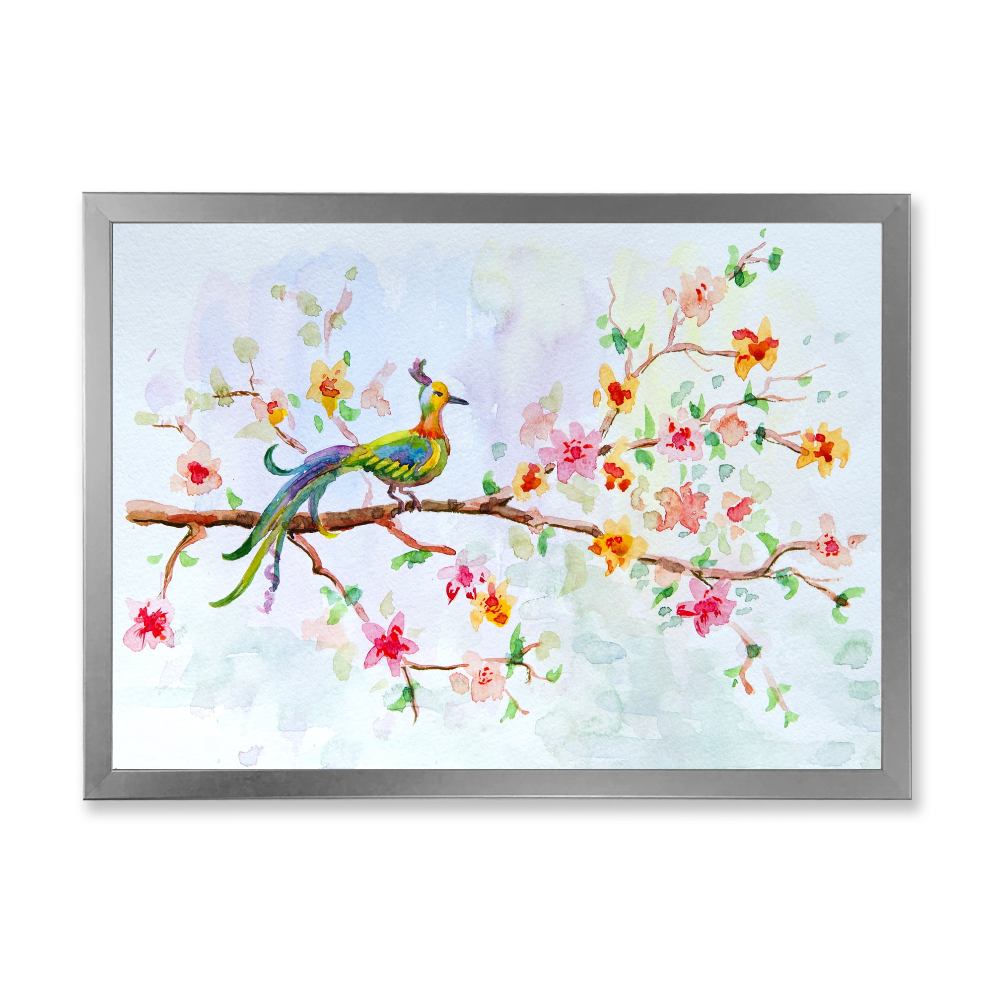 Designart 'Little Bird Sitting On Blooming Branch' Traditional Framed Art Print