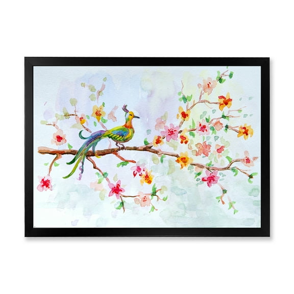 Designart 'Little Bird Sitting On Blooming Branch' Traditional Framed Art Print
