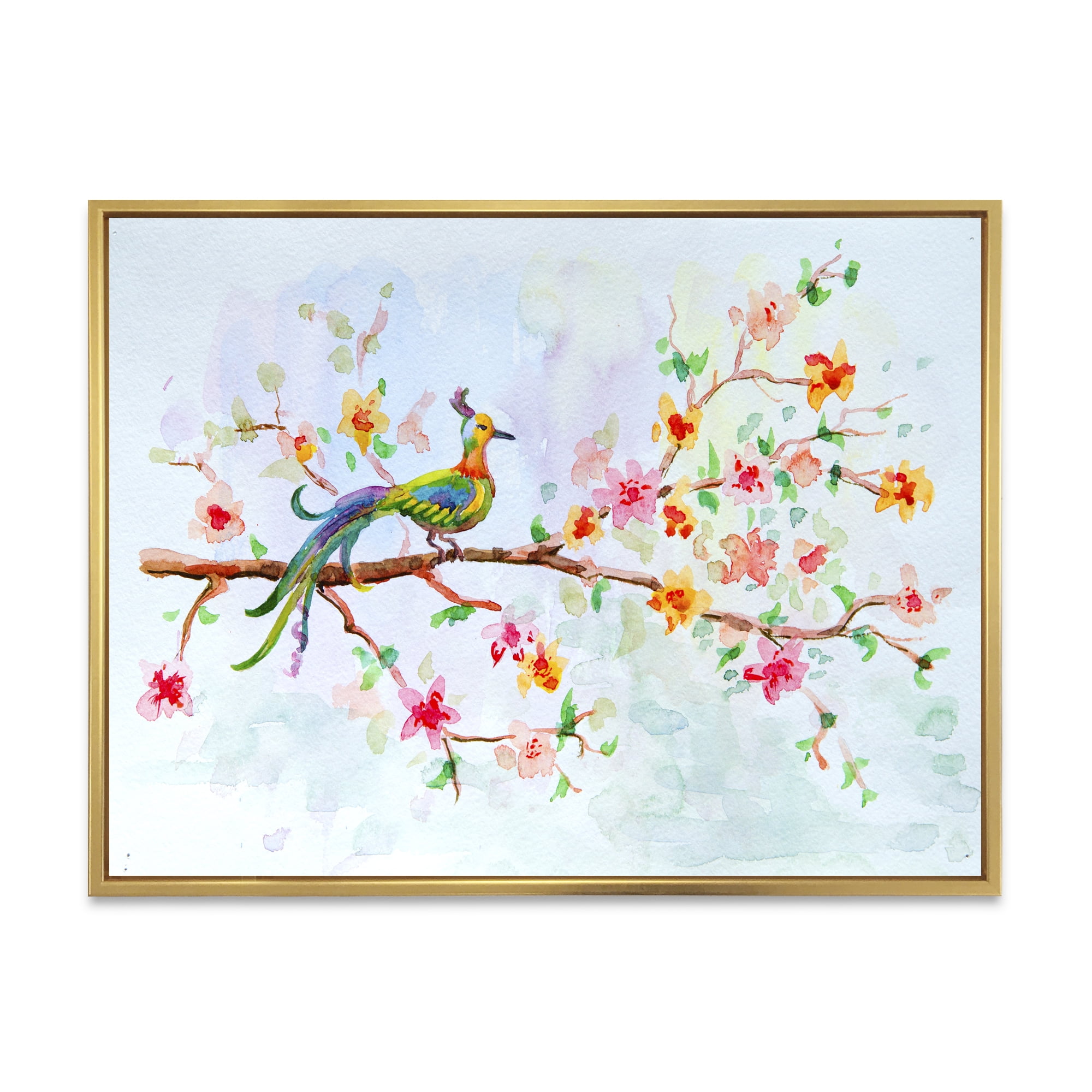 Designart 'Little Bird Sitting On Blooming Branch' Traditional Framed Canvas Wall Art Print