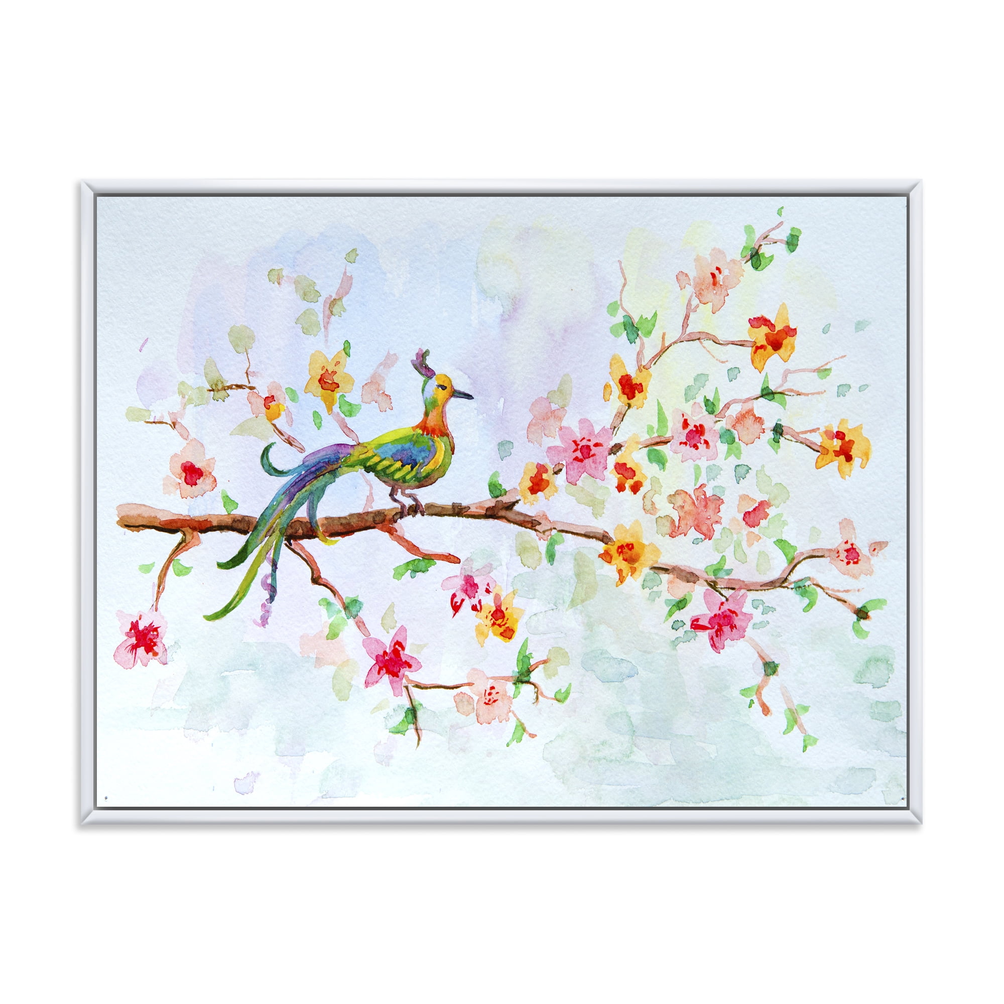 Designart 'Little Bird Sitting On Blooming Branch' Traditional Framed Canvas Wall Art Print