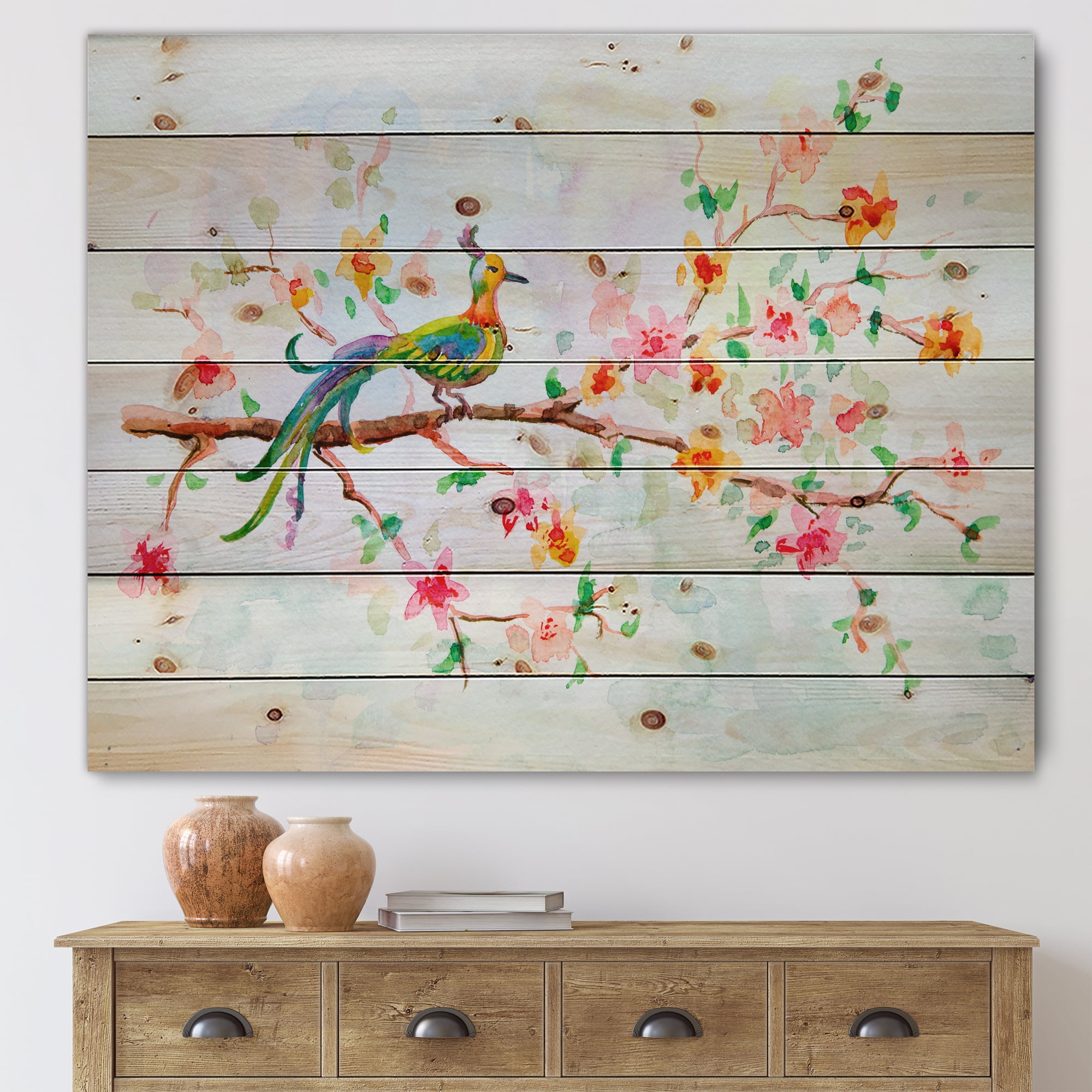 Designart 'Little Bird Sitting On Blooming Branch' Traditional Print on Natural Pine Wood