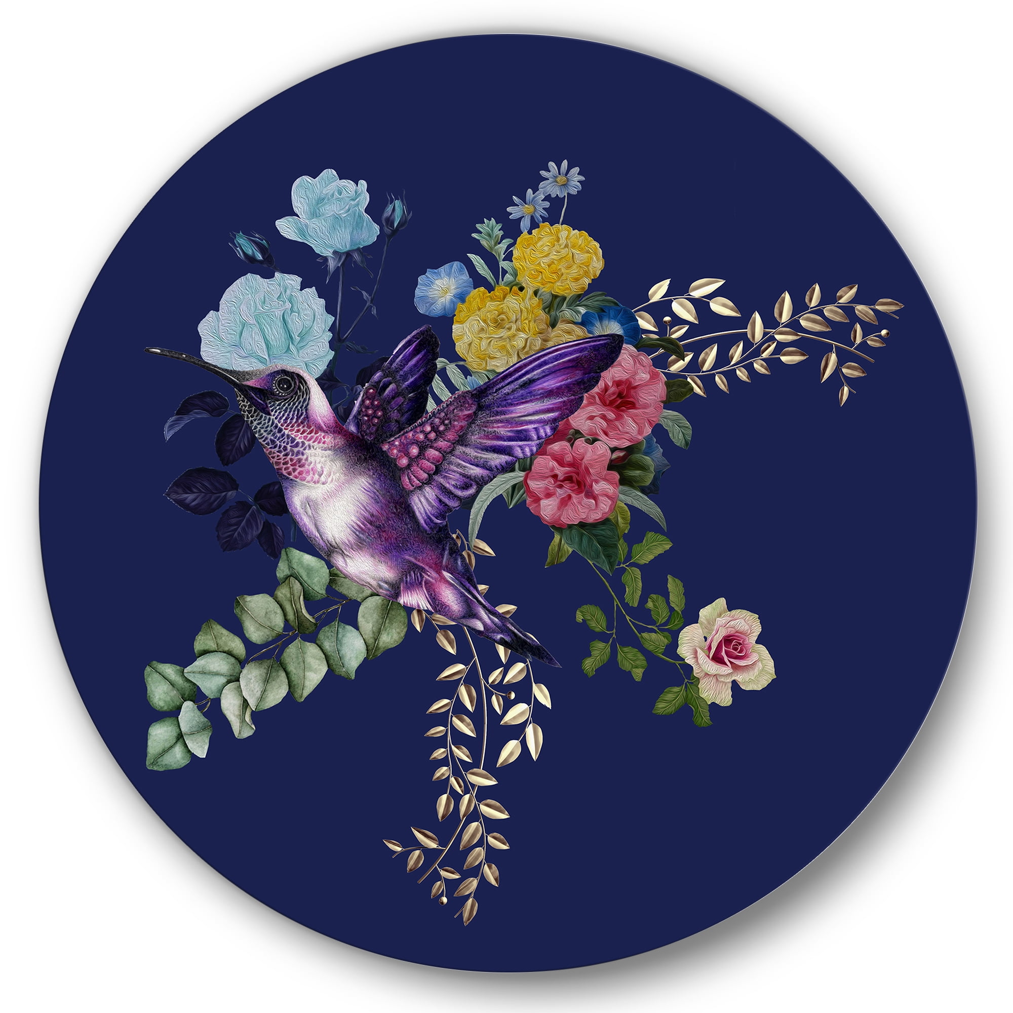 Designart 'Little Bird Sitting On Colourful Bouquet Of Wildflowers I' Traditional Circle Metal Wall Art 23x23 - Disc of 23