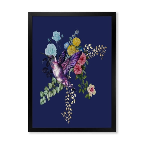 Designart 'Little Bird Sitting On Colourful Bouquet Of Wildflowers I' Traditional Framed Art Print