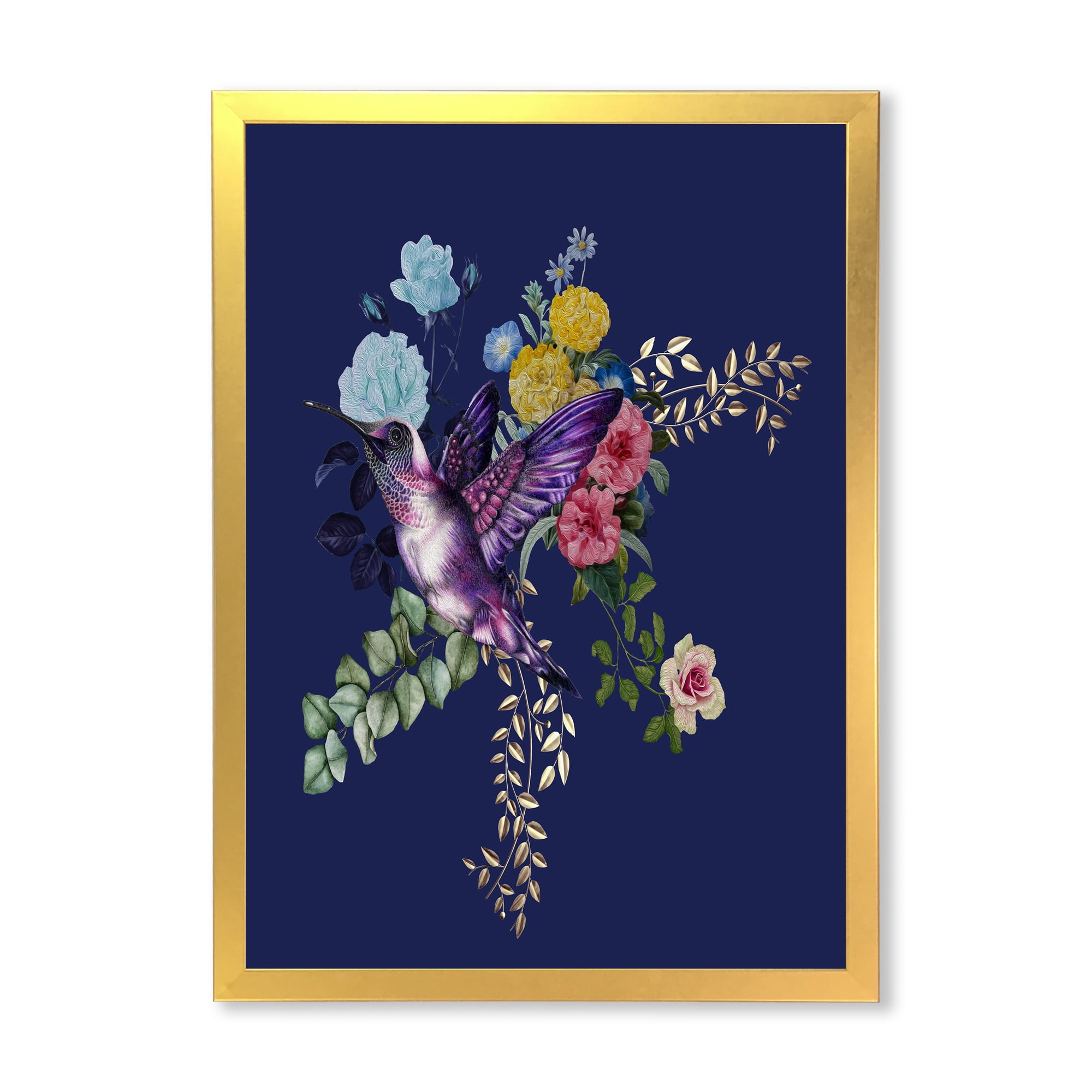 Designart 'Little Bird Sitting On Colourful Bouquet Of Wildflowers I' Traditional Framed Art Print