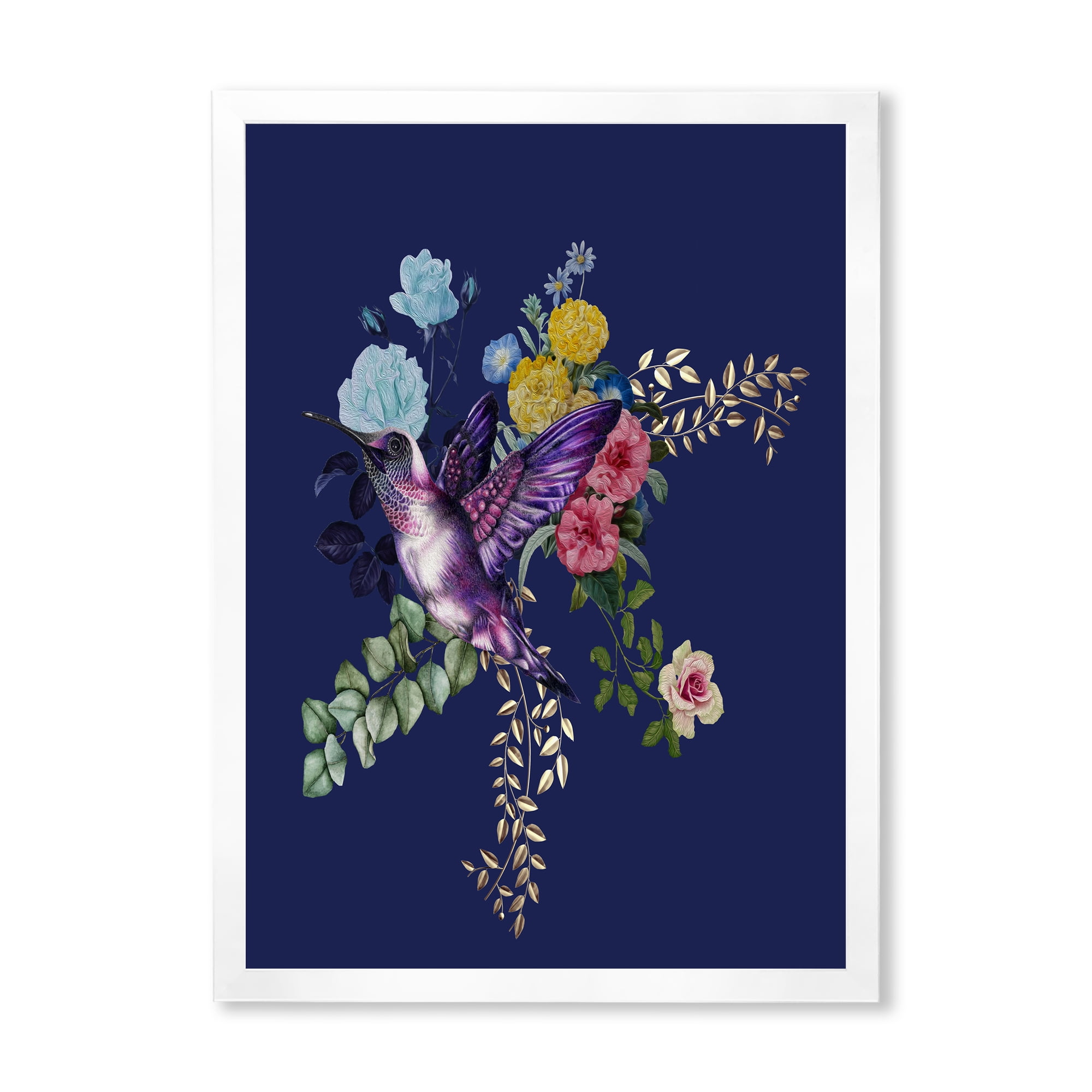 Designart 'Little Bird Sitting On Colourful Bouquet Of Wildflowers I' Traditional Framed Art Print