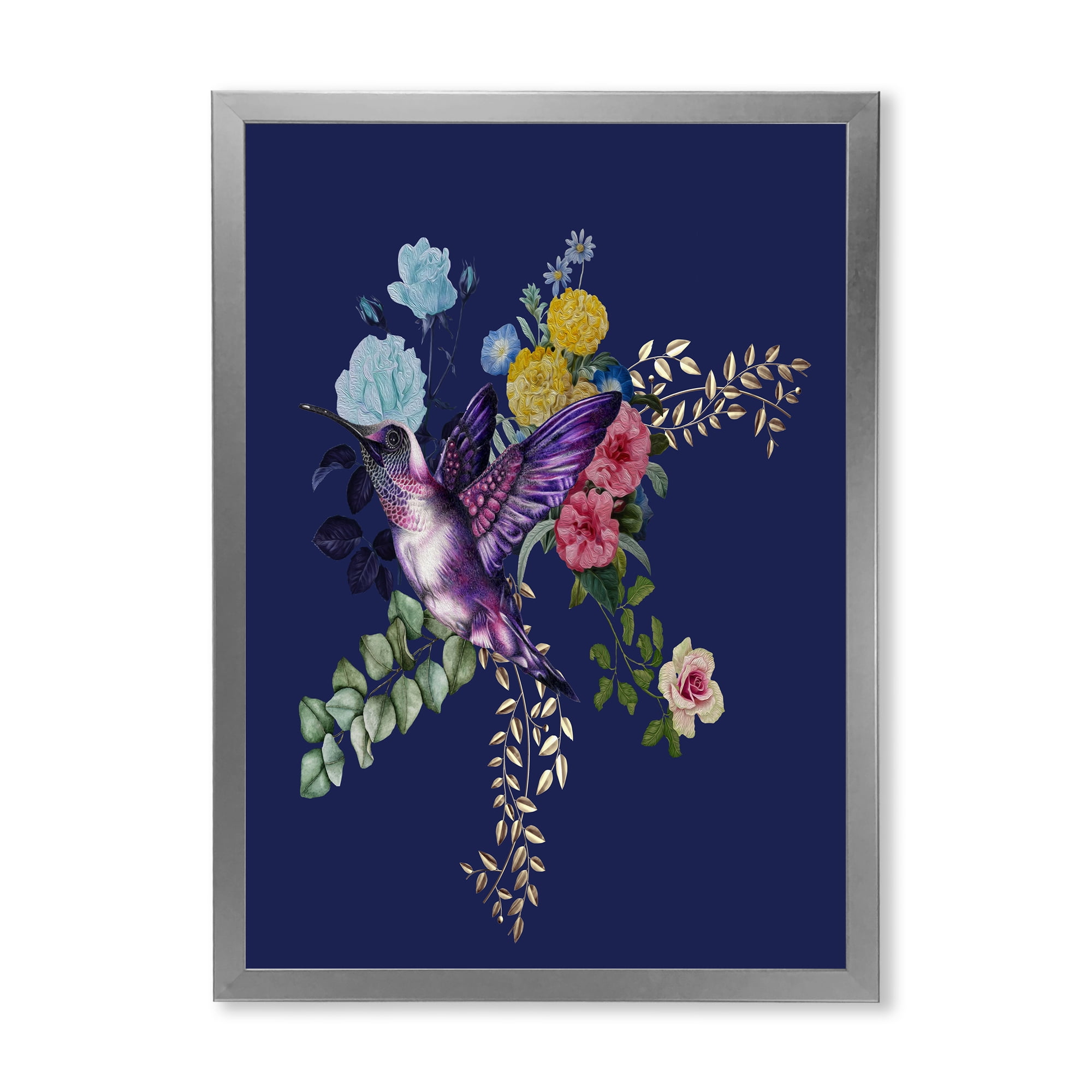 Designart 'Little Bird Sitting On Colourful Bouquet Of Wildflowers I' Traditional Framed Art Print