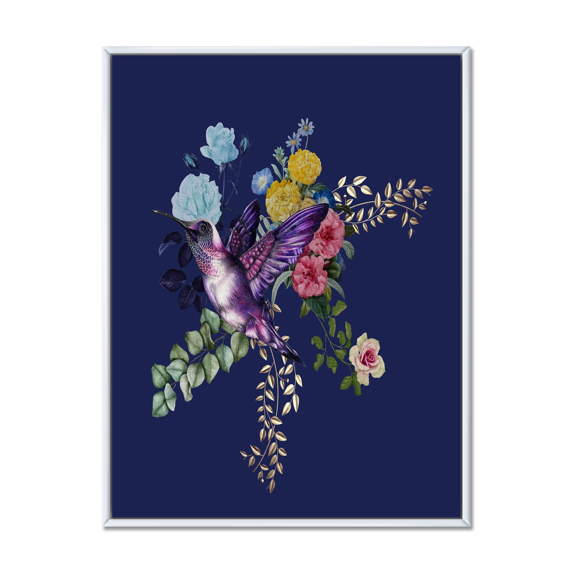 Designart 'Little Bird Sitting On Colourful Bouquet Of Wildflowers I' Traditional Framed Canvas Wall Art Print