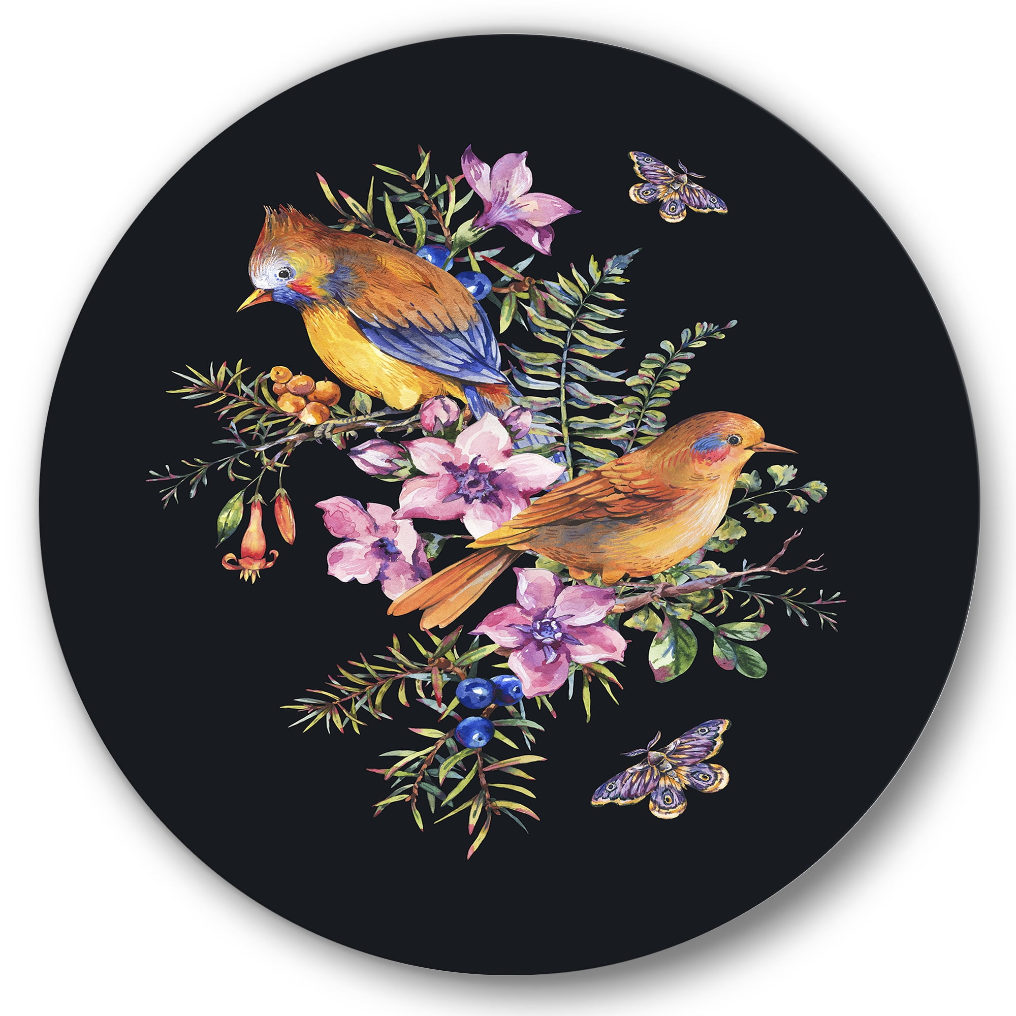 Designart 'Little Bird Sitting On Colourful Bouquet Of Wildflowers II' Traditional Circle Metal Wall Art 36x36 - Disc of 36