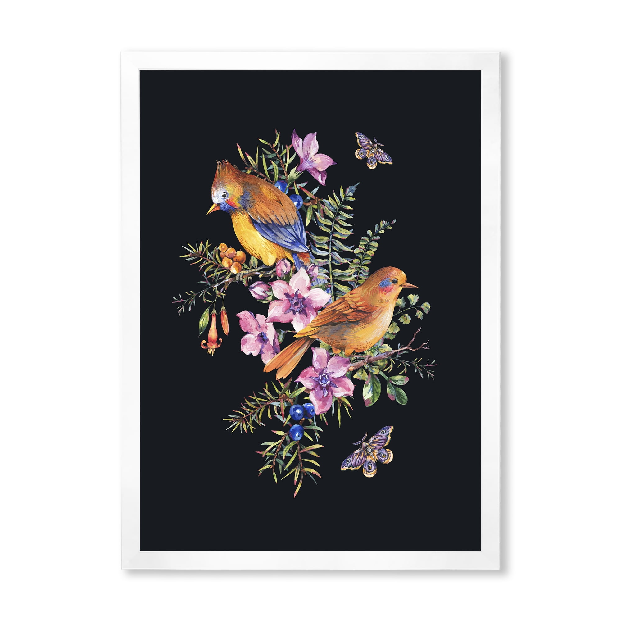 Designart 'Little Bird Sitting On Colourful Bouquet Of Wildflowers II' Traditional Framed Art Print