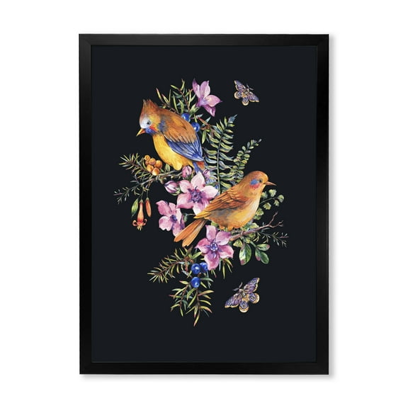 Designart 'Little Bird Sitting On Colourful Bouquet Of Wildflowers II' Traditional Framed Art Print