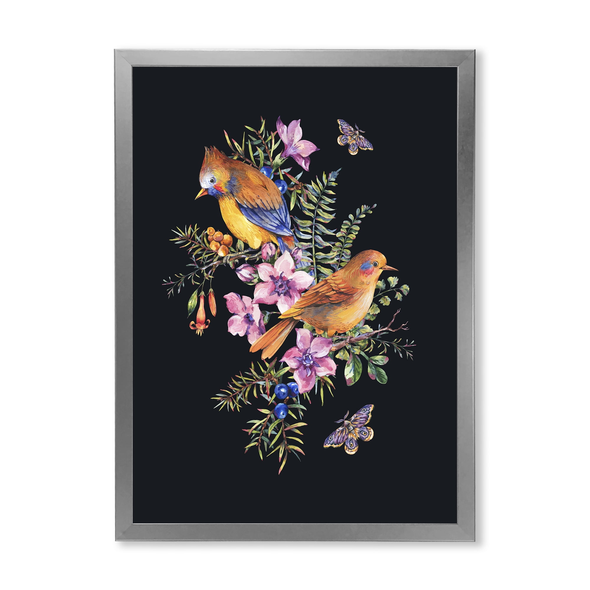 Designart 'Little Bird Sitting On Colourful Bouquet Of Wildflowers II' Traditional Framed Art Print