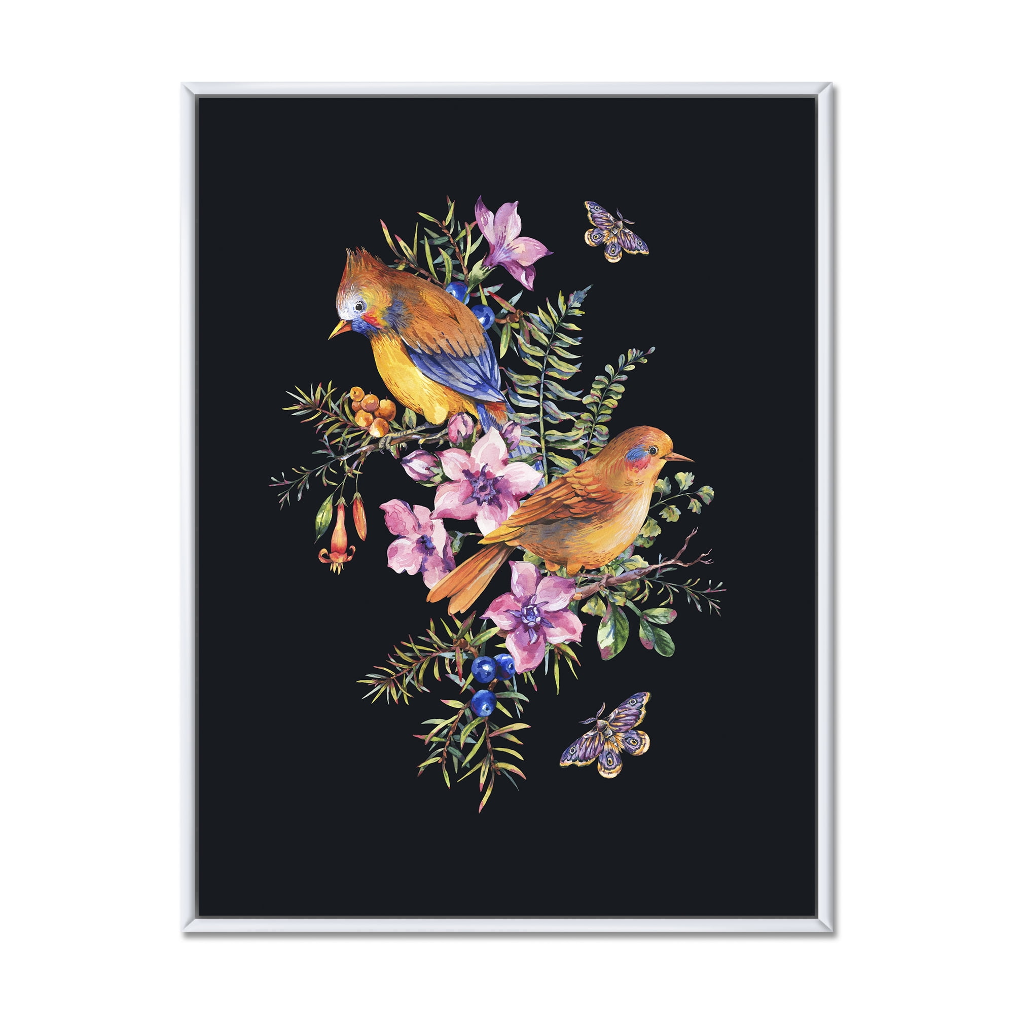 Designart 'Little Bird Sitting On Colourful Bouquet Of Wildflowers II' Traditional Framed Canvas Wall Art Print