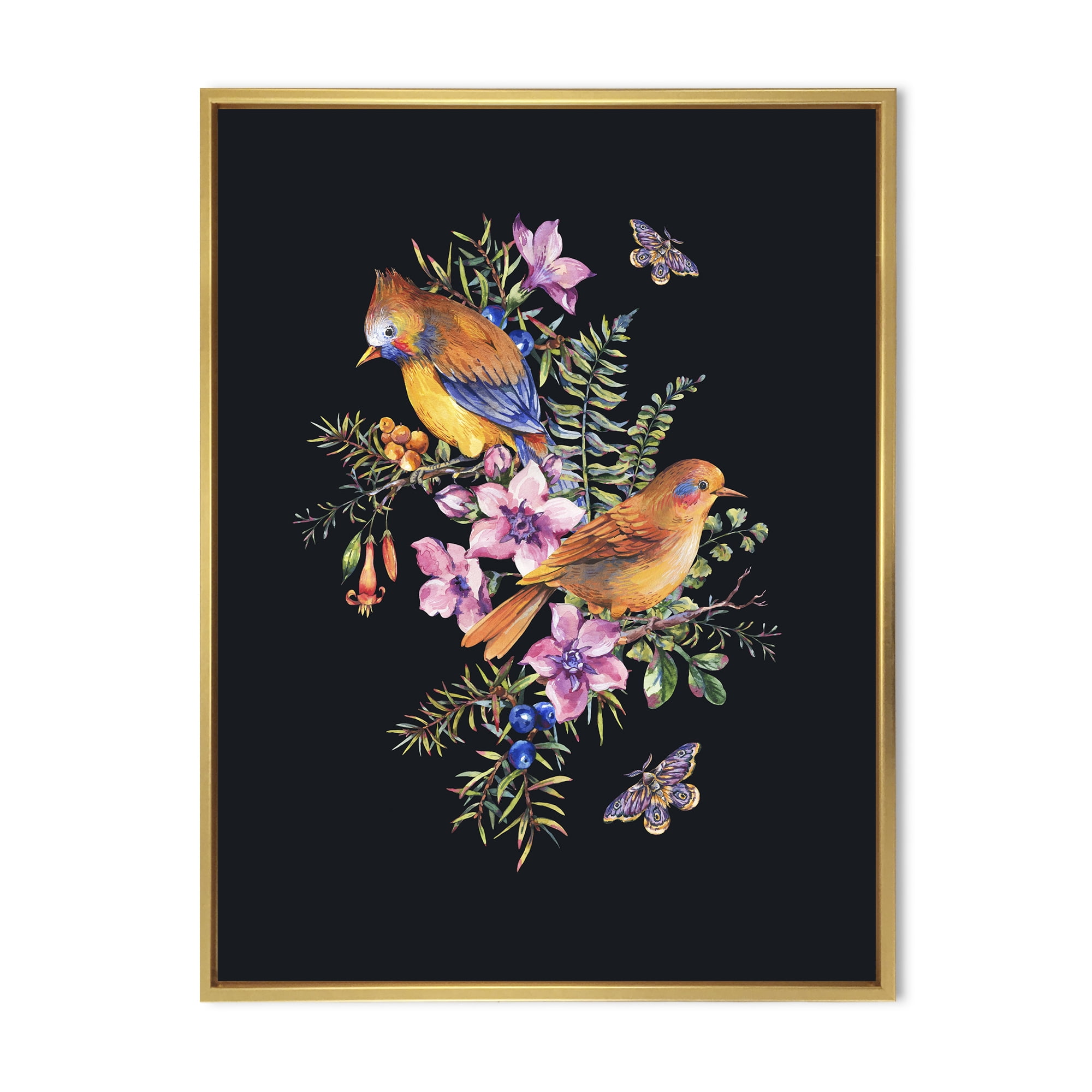 Designart 'Little Bird Sitting On Colourful Bouquet Of Wildflowers II' Traditional Framed Canvas Wall Art Print