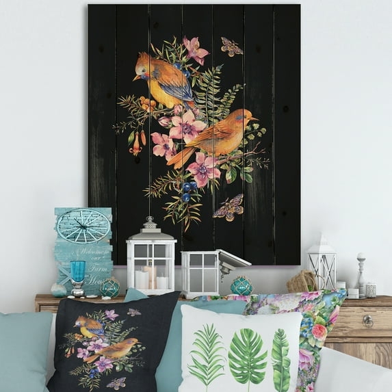 Designart 'Little Bird Sitting On Colourful Bouquet Of Wildflowers II' Traditional Print on Natural Pine Wood