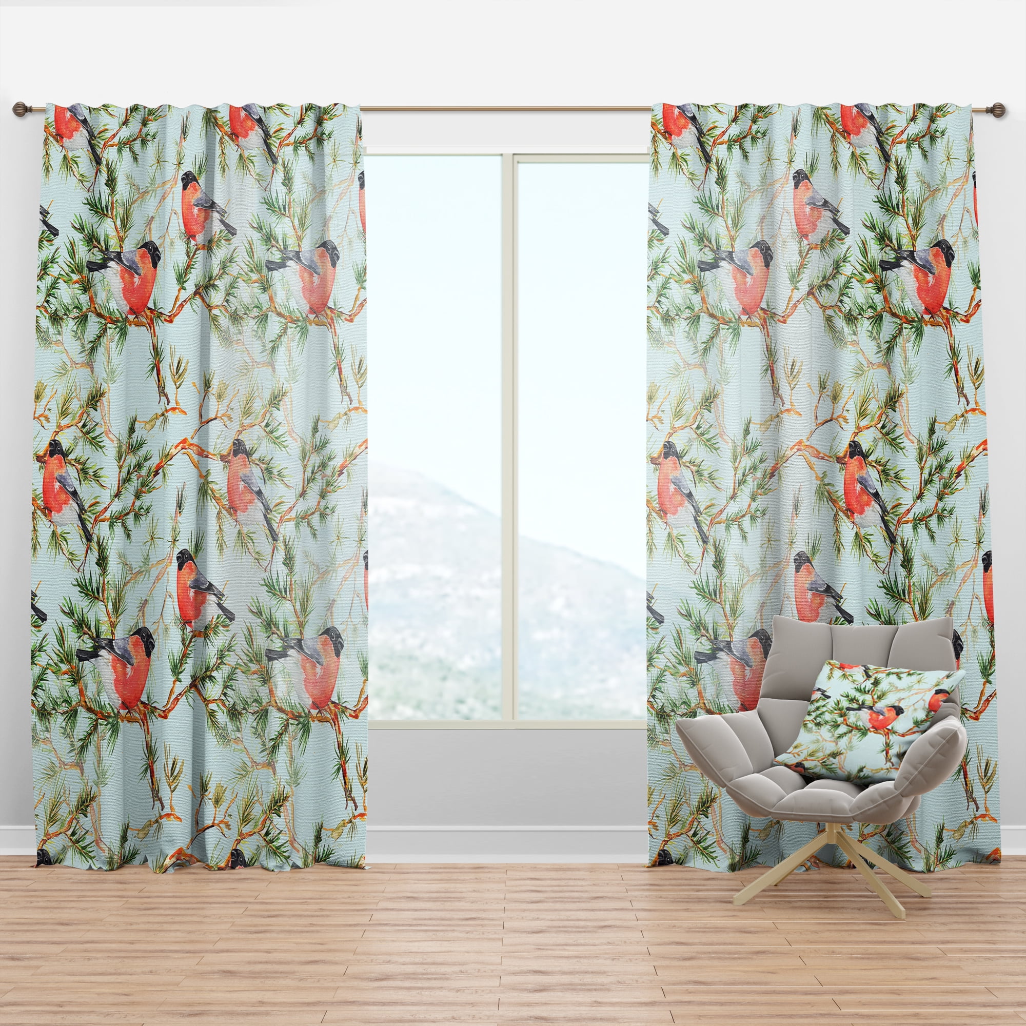 Designart 'Little Bird With Red Chest Sitting On Pine Branch' Traditional Curtain Panel