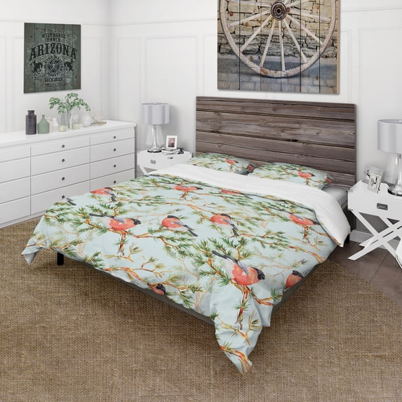 Designart 'Little Bird with Red Chest on Pine Branch' Abstract Duvet Cover Set