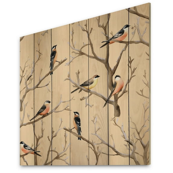 Designart "Little Birds Perched on Tree Branches VII" Animals Print on Natural Pine Wood