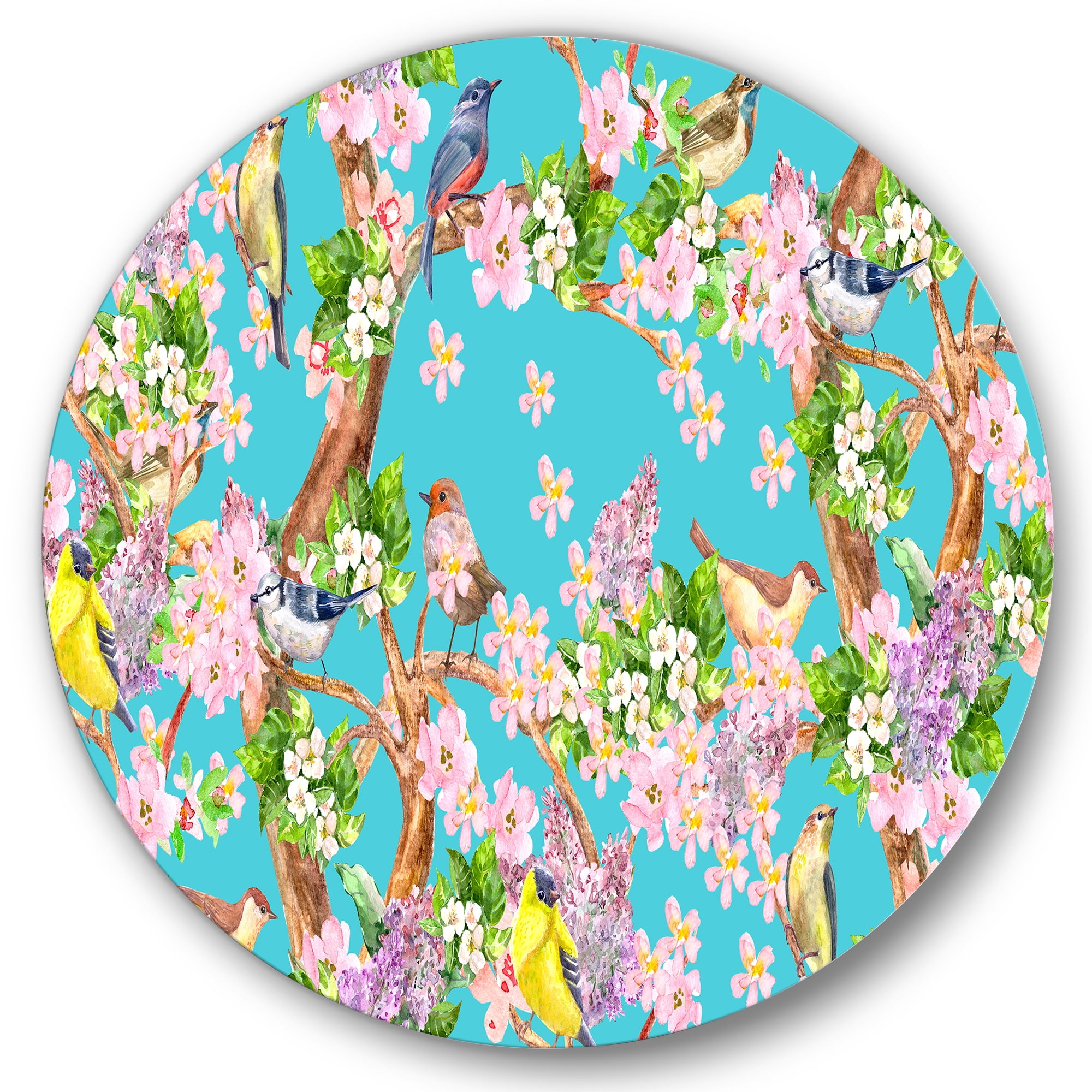 Designart 'Little Birds Sitting On Spring Flow Tree' Traditional Circle Metal Wall Art 23x23 - Disc of 23