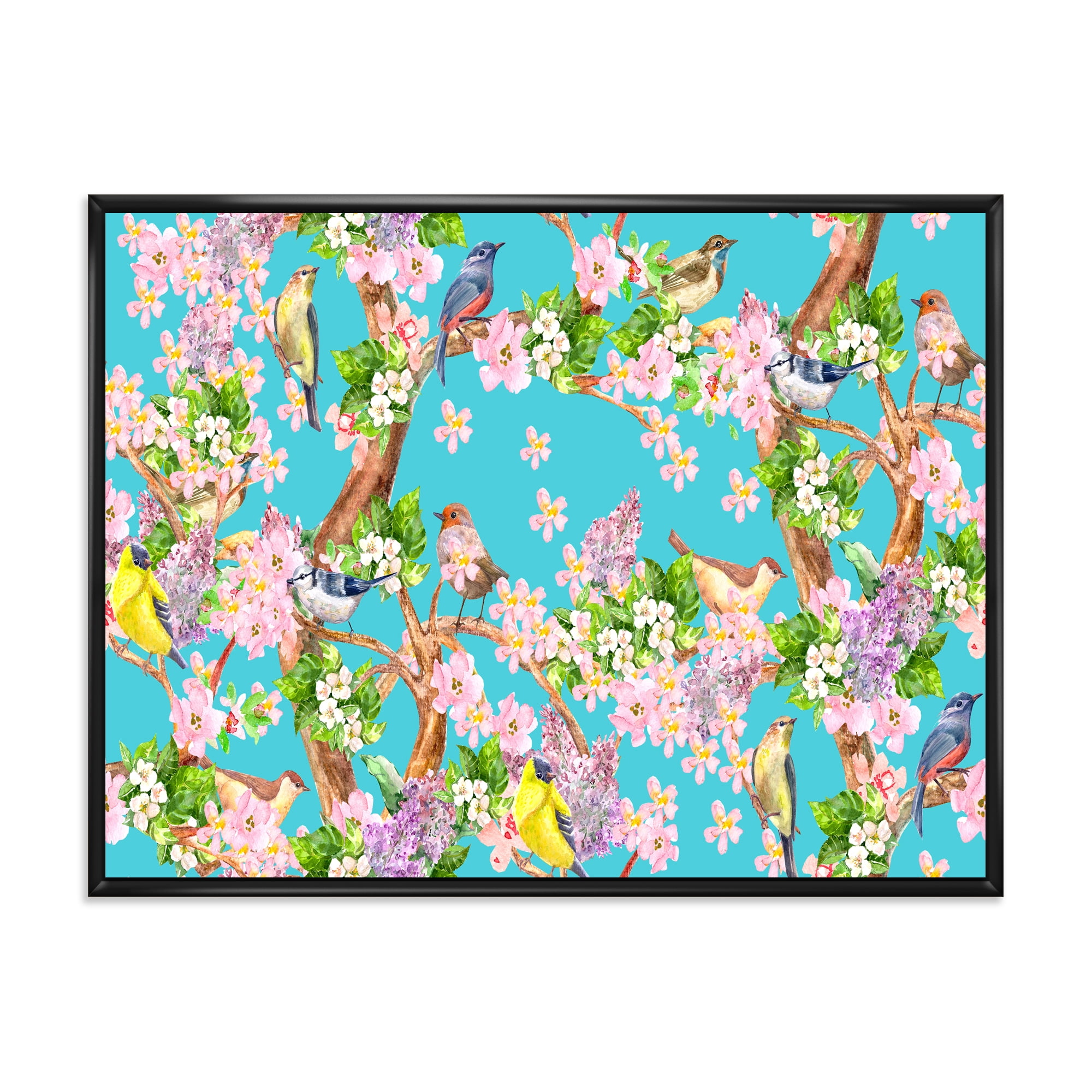 Designart 'Little Birds Sitting On Spring Flow Tree' Traditional Framed Canvas Wall Art Print