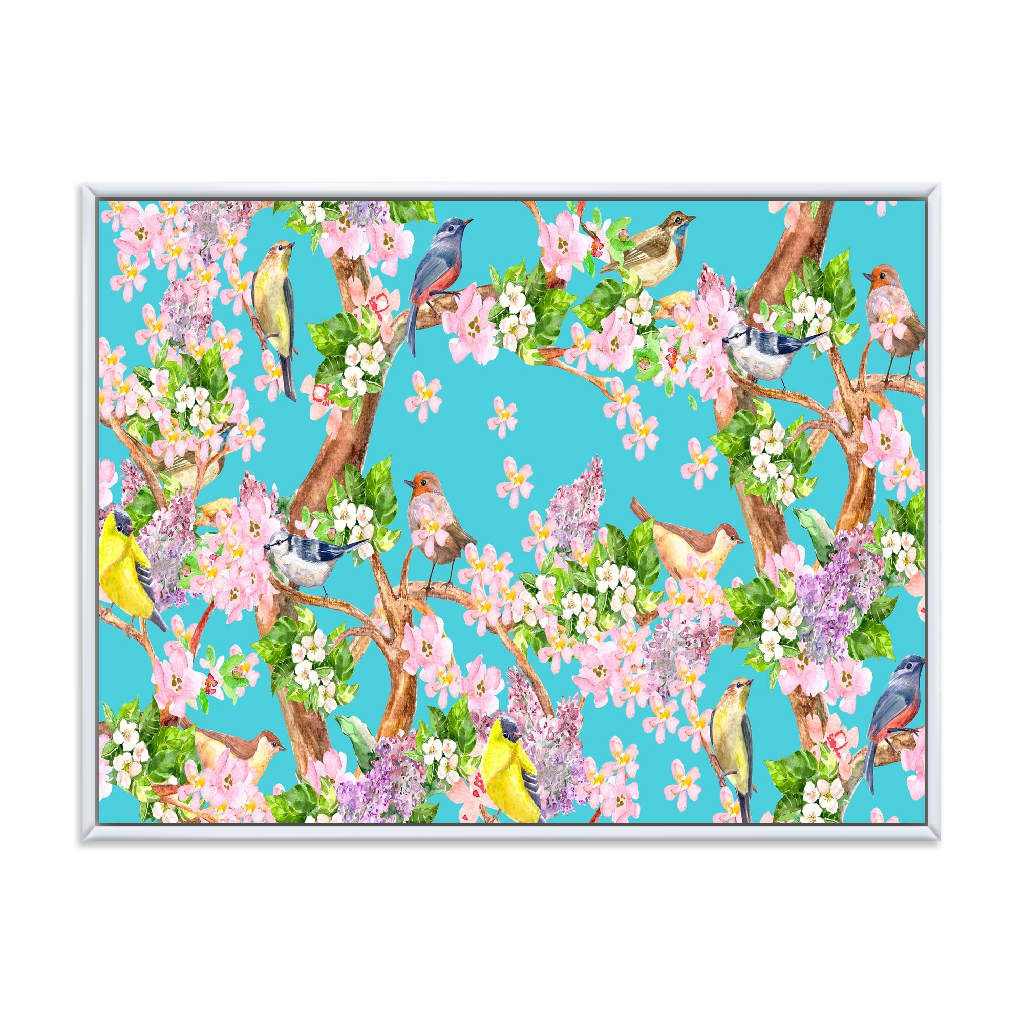 Designart 'Little Birds Sitting On Spring Flow Tree' Traditional Framed Canvas Wall Art Print