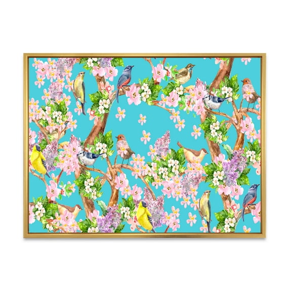 Designart 'Little Birds Sitting On Spring Flow Tree' Traditional Framed Canvas Wall Art Print