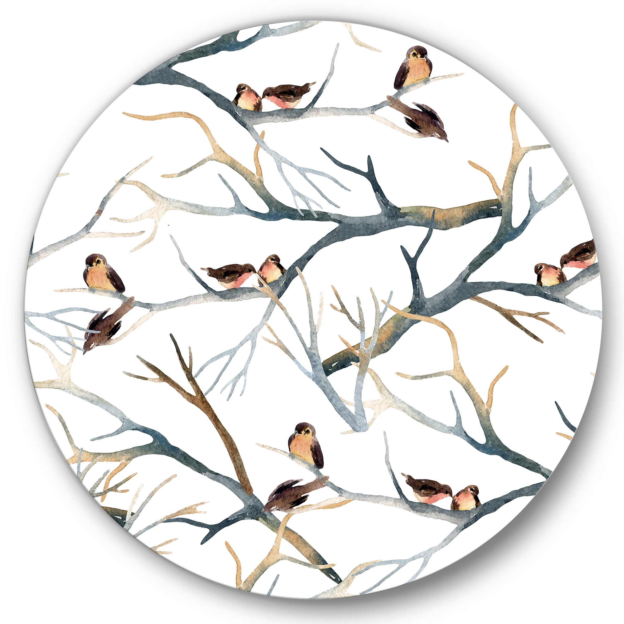 Designart 'Little Birds Sitting On The Tree Branches I' Traditional Circle Metal Wall Art 36x36 - Disc of 36