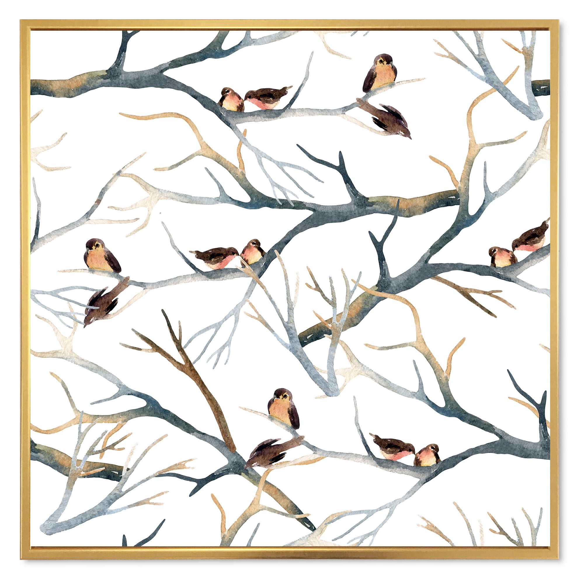 Designart 'Little Birds Sitting On The Tree Branches I' Traditional Framed Canvas Wall Art Print