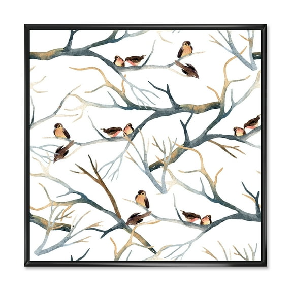 Designart 'Little Birds Sitting On The Tree Branches I' Traditional Framed Canvas Wall Art Print