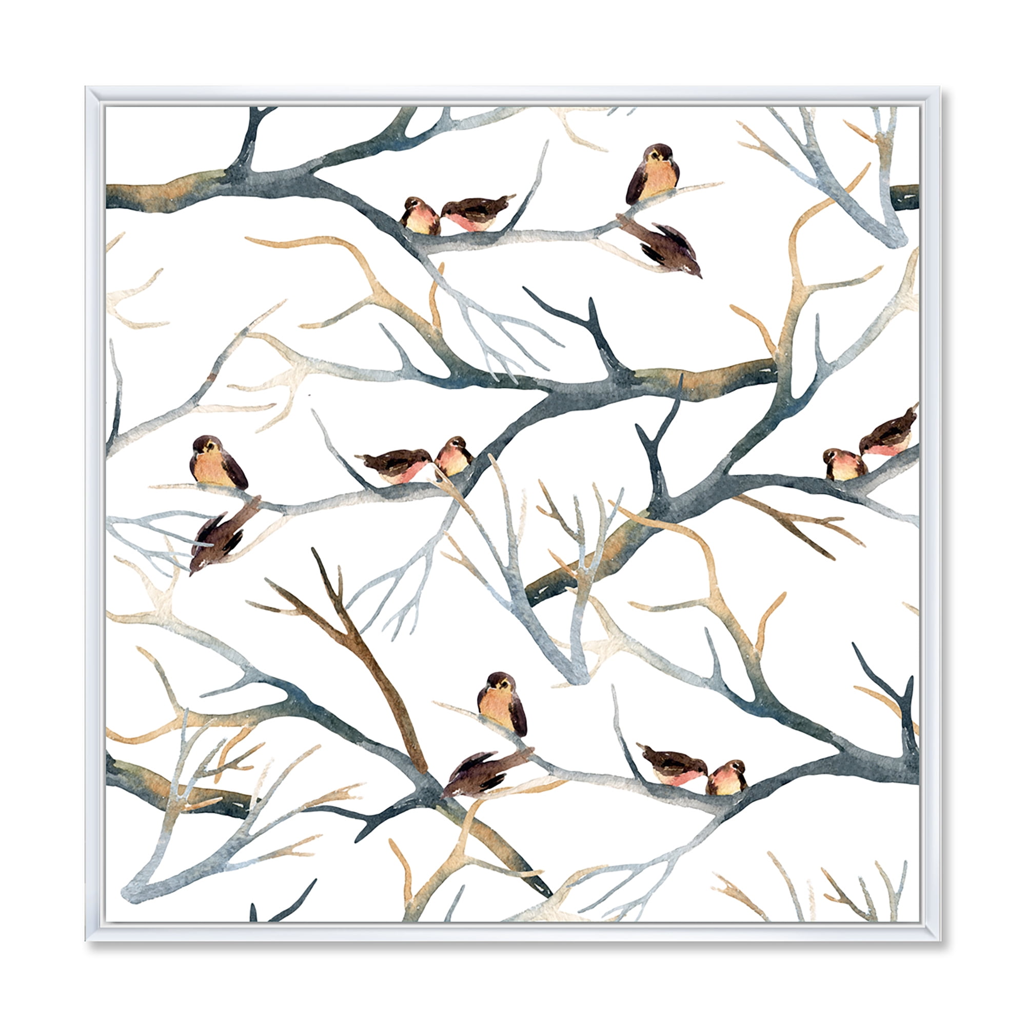 Designart 'Little Birds Sitting On The Tree Branches I' Traditional Framed Canvas Wall Art Print
