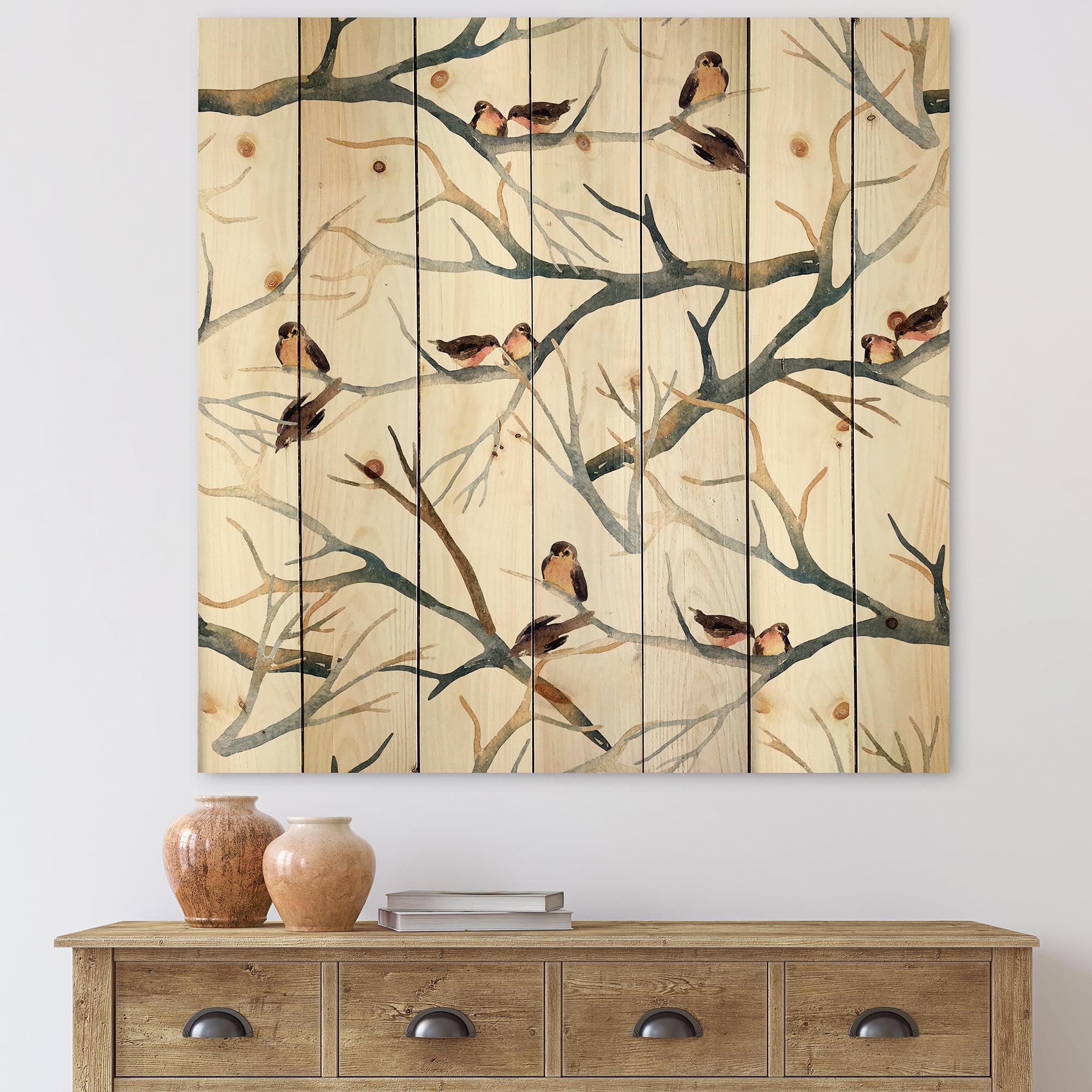 Designart 'Little Birds Sitting On The Tree Branches I' Traditional Print on Natural Pine Wood