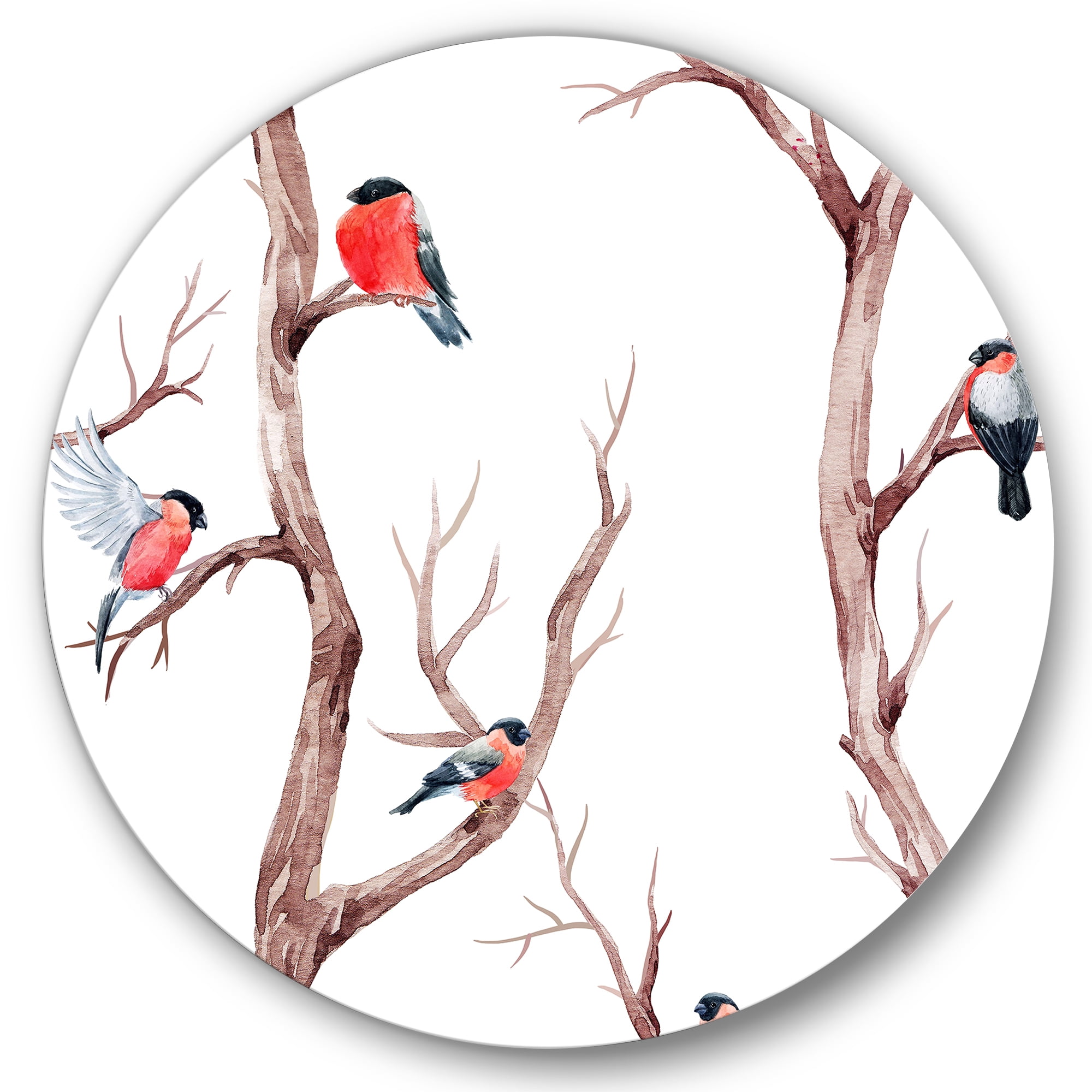 Designart 'Little Birds Sitting On The Tree Branches III' Traditional Circle Metal Wall Art 29x29 - Disc of 29