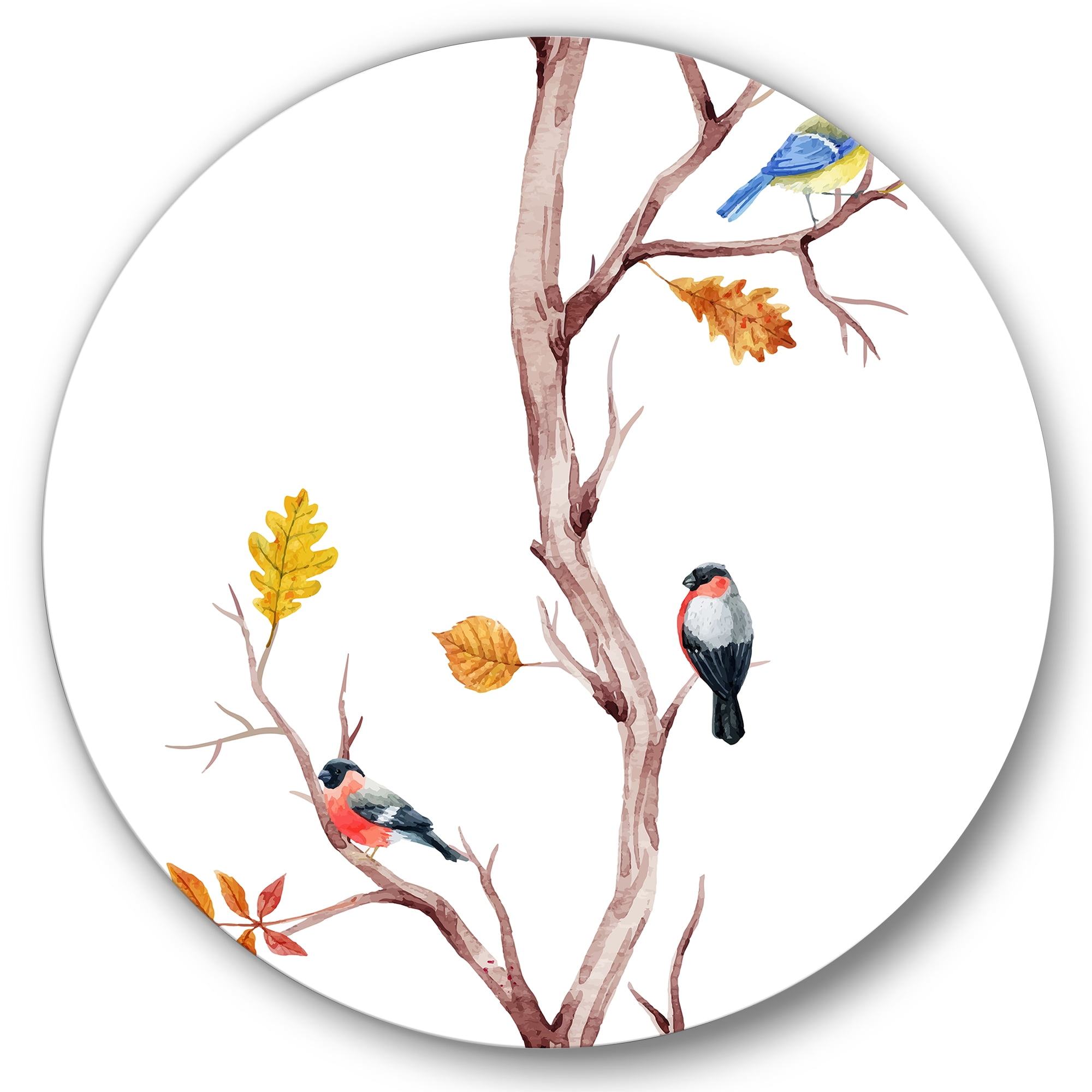 Designart 'Little Birds Sitting On The Tree Branches IV' Traditional Circle Metal Wall Art 36x36 - Disc of 36