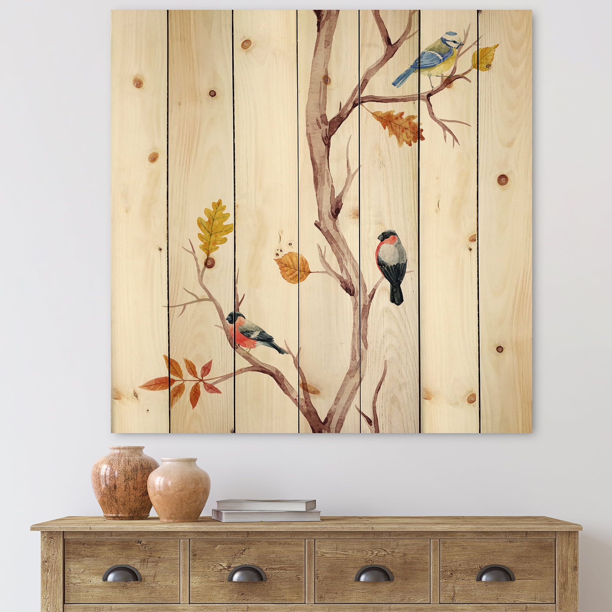 Designart 'Little Birds Sitting On The Tree Branches IV' Traditional Print on Natural Pine Wood