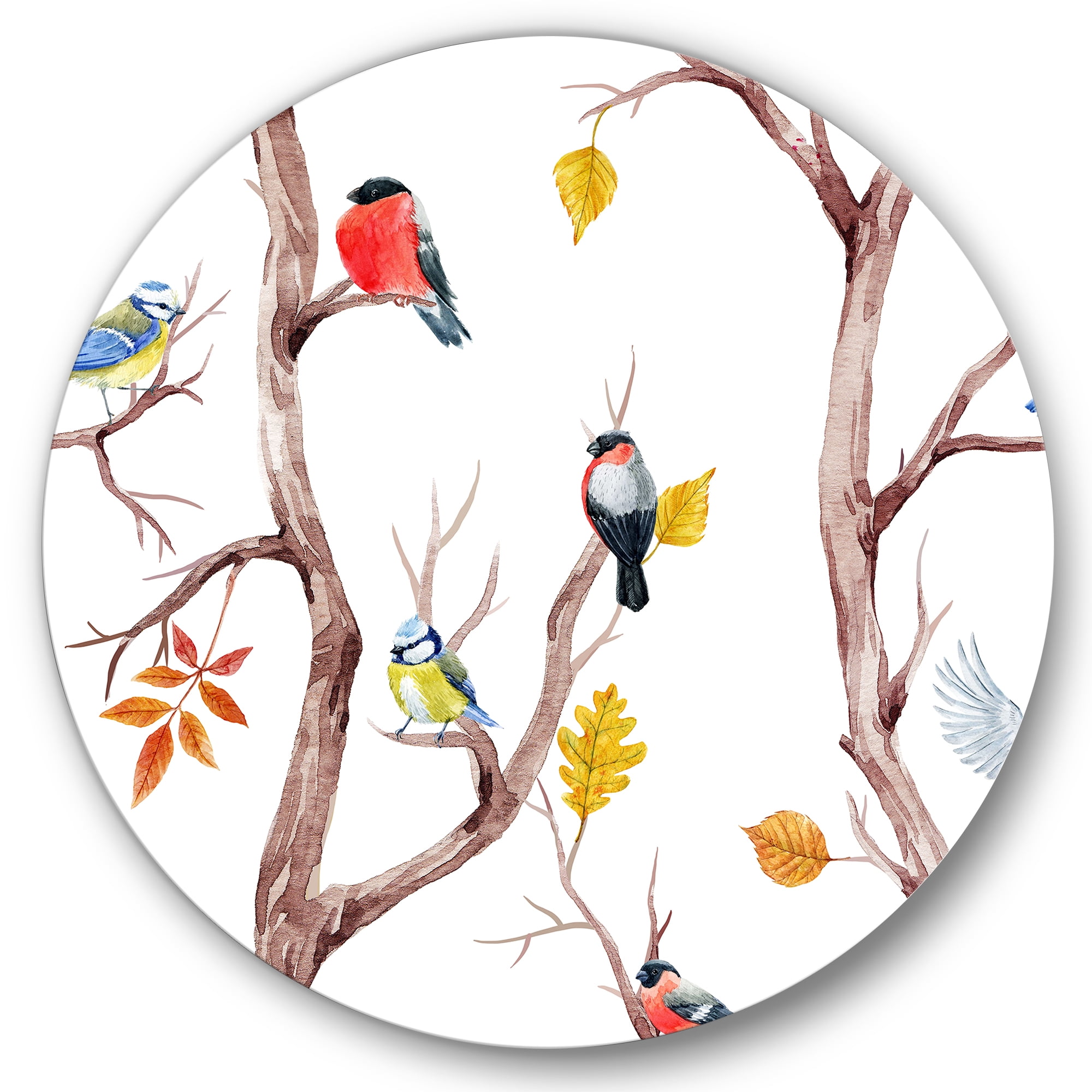 Designart 'Little Birds and Fall Trees' Traditional Circle Metal Wall Art 23x23 - Disc of 23