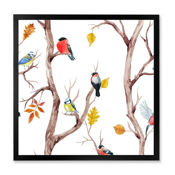 Designart 'Little Birds and Fall Trees' Traditional Framed Art Print